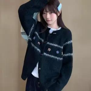 [하프클럽/]여성 자수 데이지 포인트 라운드넥 니트 가디건