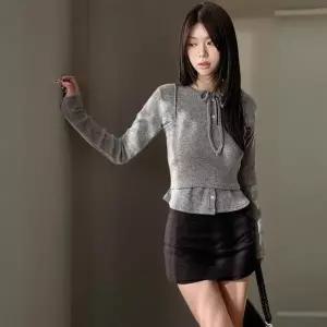 [하프클럽/]여성 슬림핏 끈 크롭 니트 가디건 세트