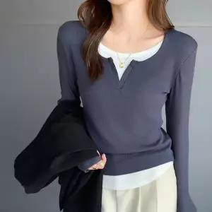 [하프클럽/]여성용 봄가을 레이어드 골지 긴팔 티셔츠