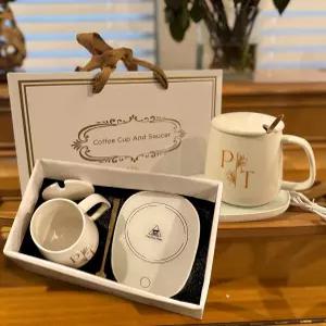 스마트 커피 머그 워머 세트 책상용 자동 차단 기능이 있는 전기 컵 55°C 온도 히터 세라믹 가정 사무실