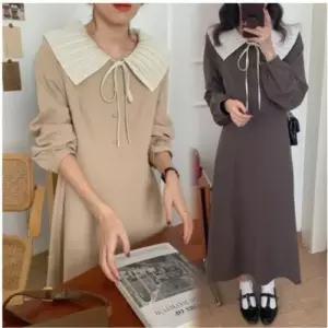 브라운 원피스 콩단추 베이지 플리츠카라 WD54849