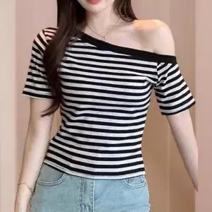 여성 슬림핏 스트라이프 오프숄더 반팔 크롭 티셔츠