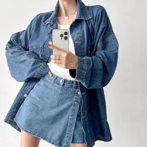 여성 오버사이즈 포켓 청남방과 레이어드 스커트 팬츠 세트