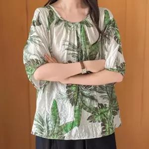 여성 휴양지 패션 리프 라운드넥 대형 블라우스