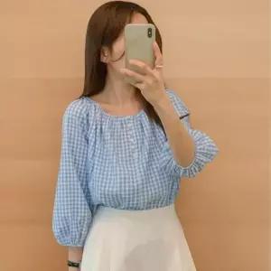 여성 체크 오프숄더 루즈핏 블라우스 허리띠 포함
