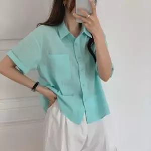 여자 파스텔 린넨반팔 포켓 시스루 썸머 카라넥 셔츠