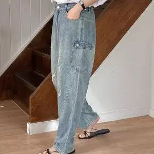 여자 데미지 카고데님 절개 배기진 뒷밴딩 연청 청바지