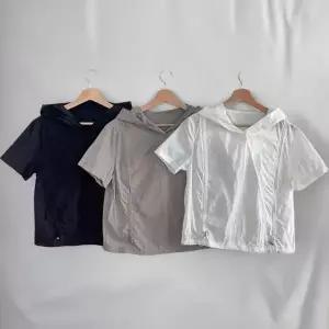 여성 바스락 투웨이 셔링 스트링 크롭 반팔 후드 티셔츠