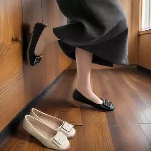 여성 사각 버클 로우힐 사각 앞코 정장 플랫 슈즈