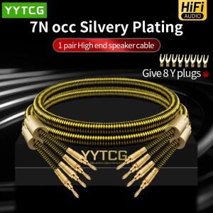 YYTCG 한 쌍의 HIFI 실버 도금 스피커 케이블 Hi-fi 시스템 용 하이 엔드 7N OCC 와이어 Y 플러그 바나나