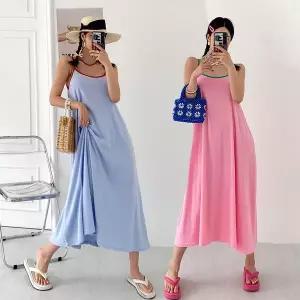 [유야]여성 테리 배색 A라인 끈나시 롱 원피스 -EOP0369- 빅사이즈 루즈핏 오버핏 여름