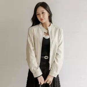 [스타일온미][스타일온미] 세렌느 소프트한 감촉 밑단 셔링 반하이넥 집업 레더 자켓