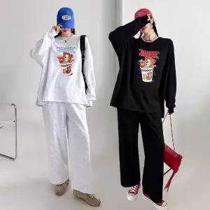 여성 봄 가을 면 프린팅 긴팔 롱 티셔츠 와이드팬츠 트레이닝 세트 PST0413S 빅사이즈 루즈핏