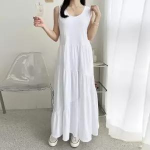 여성 봄 여름 면 무지 라운드 레이어드 나시 사선 캉캉 롱 원피스 민소매 OP0516S 빅사이즈 루즈핏