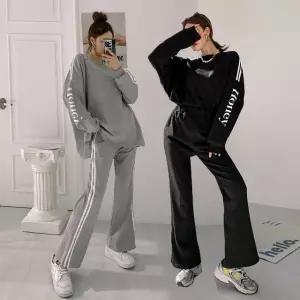 여성 봄 가을 배색 면 긴팔 롱 티셔츠 부츠컷 밴딩 바지 트레이닝 세트 PST0237S 빅사이즈 루즈핏