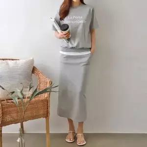 여성 레이어드 반팔 티셔츠 H라인 롱스커트 트레이닝 세트 -WSST0022- 봄 여름