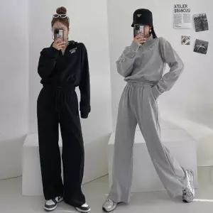여성 면 세미 크롭 집업 맨투맨 와이드팬츠 아노락 트레이닝 세트 츄리닝 셋업 -WPST0411- 봄 가을