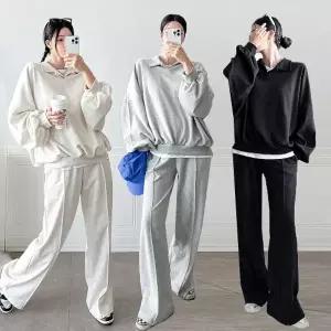 여성 88까지 면 무지 카라 맨투맨 핀턱 와이드팬츠 트레이닝 세트 츄리닝 셋업 -WPST0412- 봄 가을