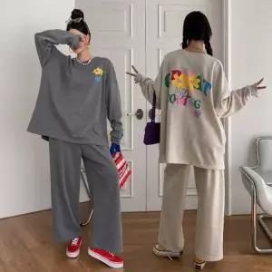 여성 99까지 면 플라워 긴팔 롱 티셔츠 와이드팬츠 트레이닝 세트 츄리닝 투피스 셋업 -WPST0190- 봄 가을