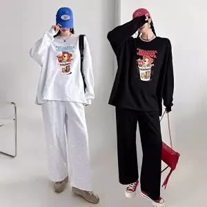 [유야]여성 면 프린팅 긴팔 롱 티셔츠 와이드팬츠 세트 SPST0413 봄 가을