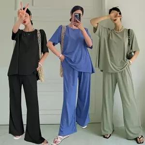 [유야]여성 쿨링 무지 반팔 롱 티셔츠 와이드팬츠 세트 SPST0405 여름