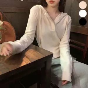 [라일리여성의류] Rly 후드티 얇은 여리여리 단추 긴팔 슬림핏 핏 여자