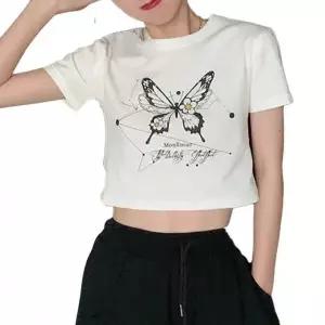 [골드스마일]여성용 여름 크롭 반팔 티셔츠 프린트 캐주얼 상의