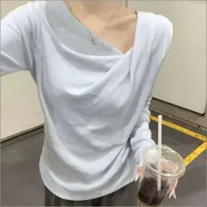 여자 4컬러 드레이프 페미닌 데일리 긴팔 이너티 셔링 티셔츠 언발