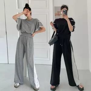 여성 여름 면 무지 날개 배색 반팔 티셔츠 밴딩 와이드 팬츠 세트 PST0397S 빅사이즈 루즈핏