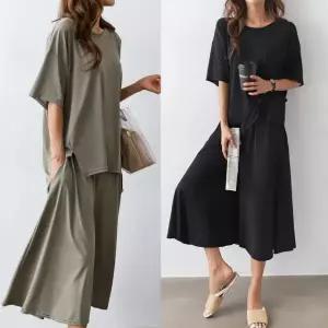 여성 여름 시원한 쿨 스판 찰랑 반팔 티셔츠 밴딩 통바지 세트 PST0037S 빅사이즈 루즈핏