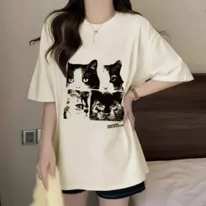 고양이 로고프린트 썸머 숏티데일리룩 티탑