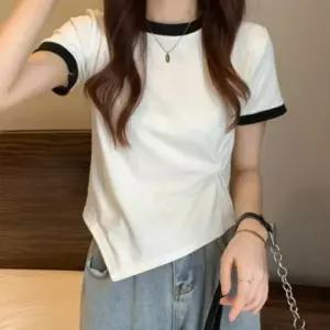 여성용 언발 반팔 티셔츠 셔링 포인트 캐주얼 상의