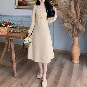 꼬임 원피스 하객 긴소매 휴양지 A라인 바캉스 (KYR-WFH75IY)