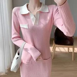 핑크 니트원피스 배색 카라넥 간절기 원피스 봄하객룩 (KYR-WBB36A6)