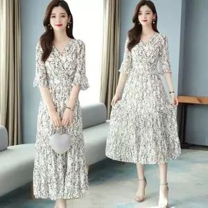 여성 여름 쉬폰 롱원피스 휴양지 반팔원피스 바캉스룩 (KYR-WEE88A5)