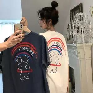 여성용 라운드넥 반팔 티셔츠 곰돌이 프린트 2색 옵션