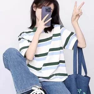 여자 스트라이프 루즈핏 트렌드 배색 반팔티 데일리