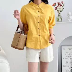 여자 베이직 루즈핏 헨리넥 린넨 퍼프 반팔 셔츠 데일리셔츠