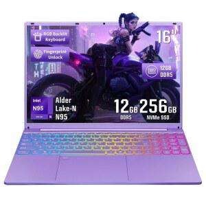 BINTEC 퍼플 노트북 16인치 컬러 4GHZ 노트북 256GB 블루투스 코어 FHD 백라이트 12GB 좁은 KB IPS 지문 DDR5 베젤 USB 해제 최대 쿼드 N95 디스플레이 퍼플 셀러론