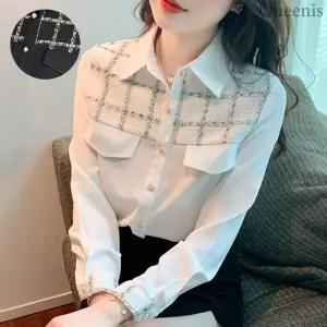 [퀸이즈] 55부터 77까지 레크 트위드 진주 버튼 블라우스/셔츠