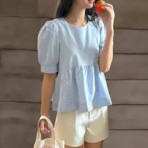 여성용 여름 반소매 루즈핏 무지 스타일 블라우스