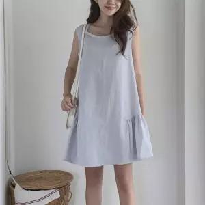 여성용 나일론 사이드 프릴 민소매 핀턱 미니 드레스