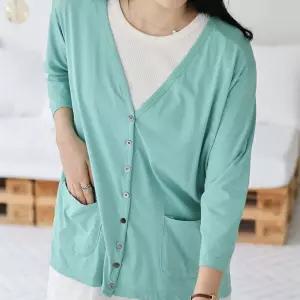 여성 기본 브이넥 포켓 버튼 오버사이즈 여름 긴팔 가디건