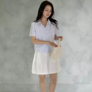 여자 세미크롭 잔줄지 면혼방 반팔 셔츠