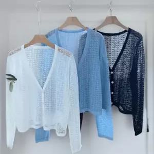 여성 여름 시스루 펀칭 그물 비스코스 롱 가디건