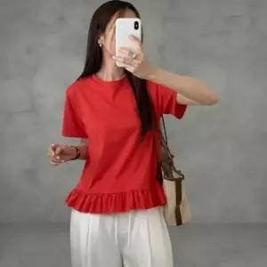 [하프클럽/]여성 프릴 U넥 반소매 빨간색 티셔츠