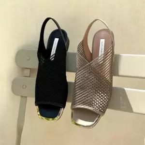 여성 블랙 베이지 짜임 슬링백 오픈토 가죽 샌들