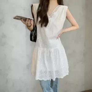 여성 레이스 자수 민소매 화이트 미니 드레스