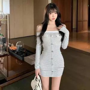 여자 단가라 페이크버튼 오프숄더 슬림 미니 원피스