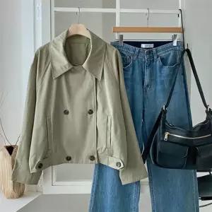 여성용 카라넥 더블버튼 사파리 스타일 가을 점퍼